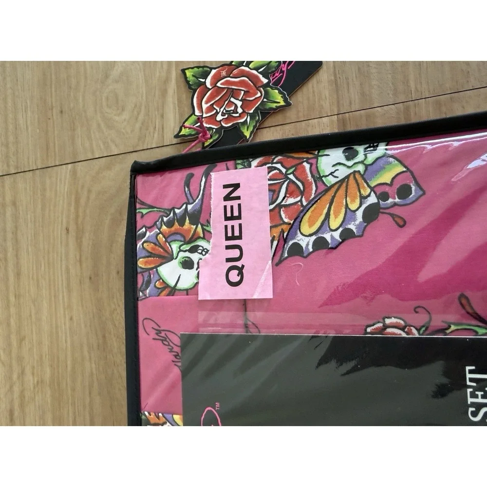 Ed Hardy Queen 6 Piece Double Brushed Sheet Set Pink Skull Butterfly Roses NWT